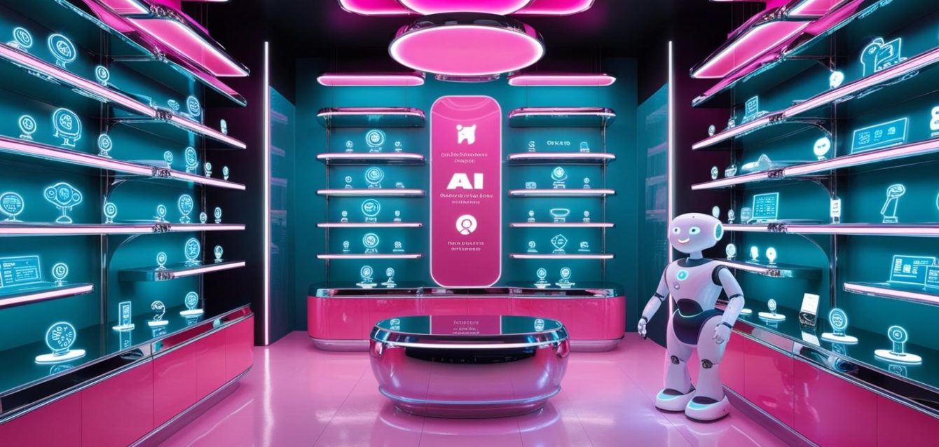 _modern AI store A large, futuristic store with glowing neon lights, holographic displays, and floating shelves displaying different AI tools and icons._Icons of popular AI tools like ChatGPT,grammarly,copy.ai in st